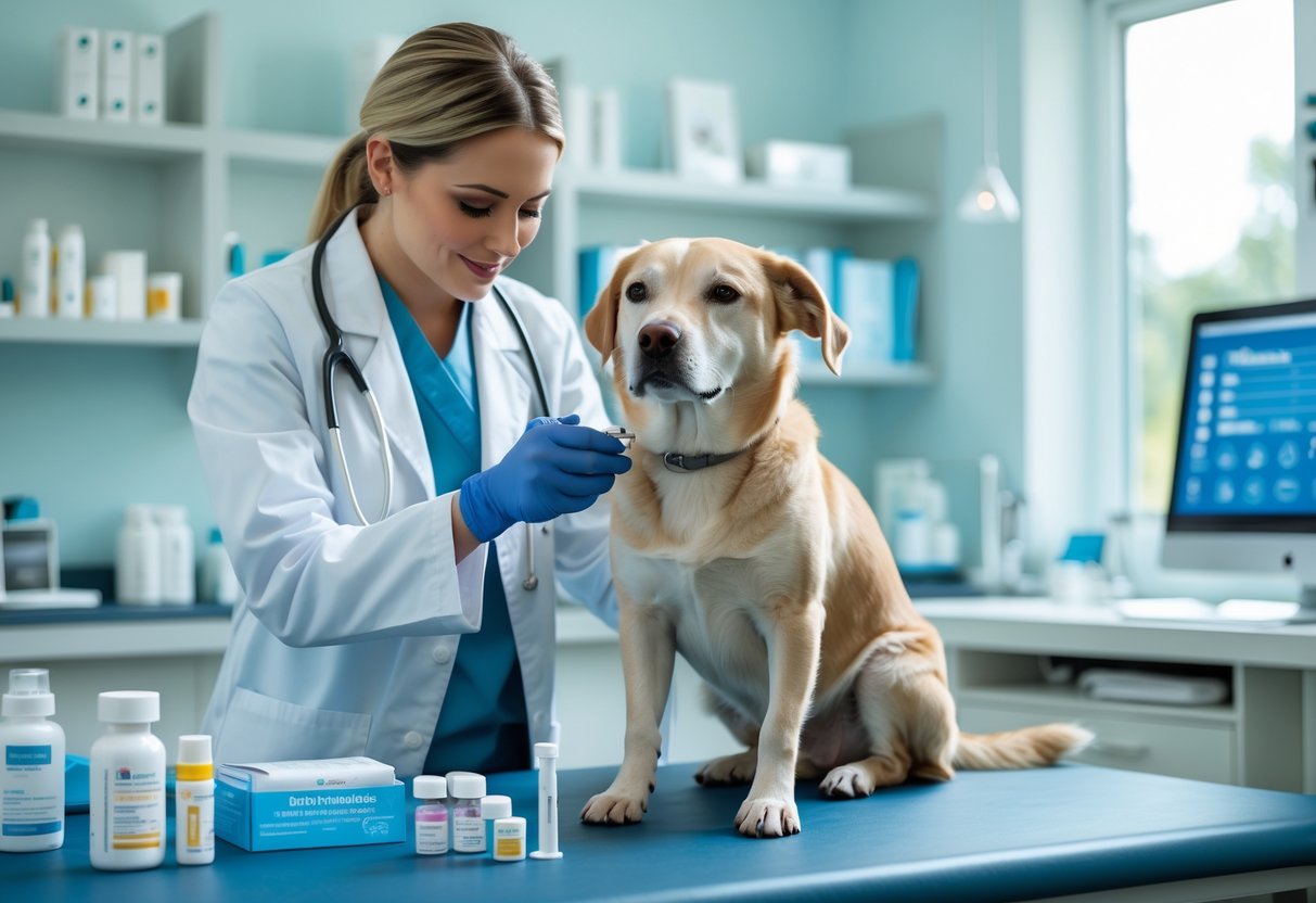 A veterinarian examining a dog on a table in a bright clinic, performing allergy testing with medical equipment nearby.
