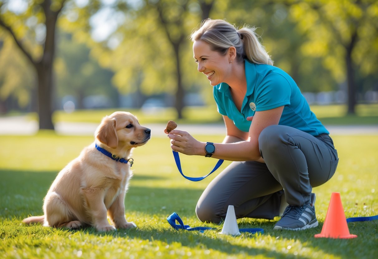 A person training a small golden retriever puppy outdoors on grass with training tools nearby.