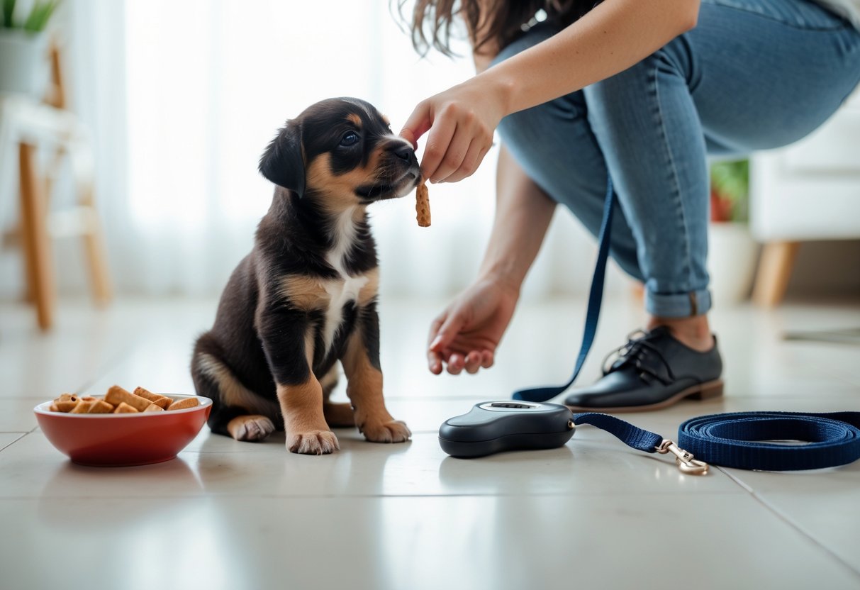A puppy sitting attentively indoors while a person holds a treat near its nose during training.