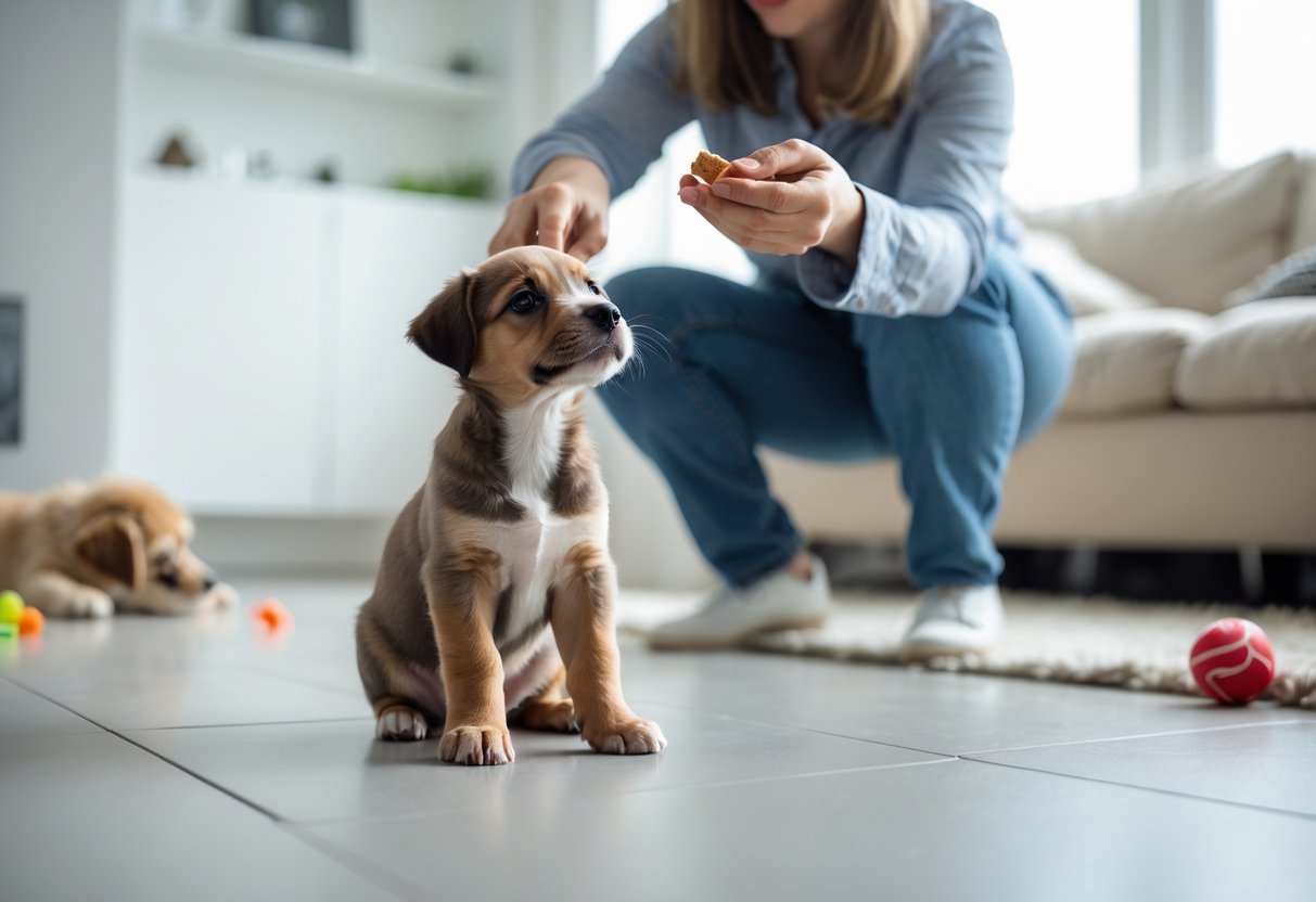 A puppy sitting calmly indoors, looking up at a person holding a treat during a training session.