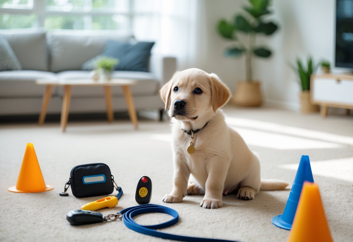 A Labrador Retriever puppy sitting attentively on a carpet in a bright living room with puppy training items around.