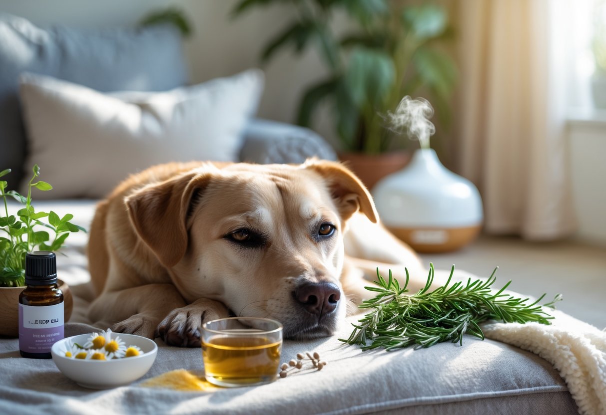 A calm dog resting on a blanket surrounded by natural anxiety remedies like chamomile tea, lavender oil, and fresh herbs in a cozy room.