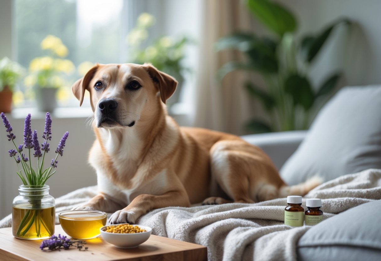 A calm dog resting indoors near natural remedies like chamomile, lavender, and herbal supplements on a wooden table.