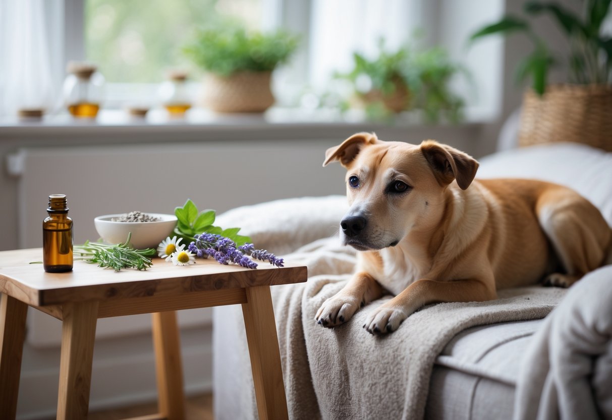 A relaxed dog lying on a blanket next to a table with natural remedies like essential oils, chamomile flowers, and lavender in a cozy room.