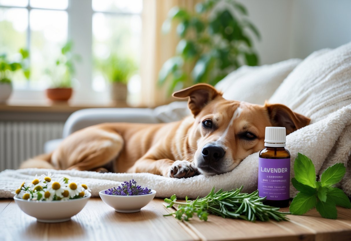 A calm dog resting on a blanket in a bright room with natural remedies like chamomile flowers, lavender oil, and fresh herbs on a nearby table.