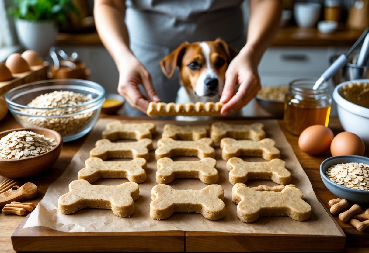 A kitchen countertop with homemade dog treats, ingredients like oats and peanut butter, and a small dog watching as someone shapes dough.