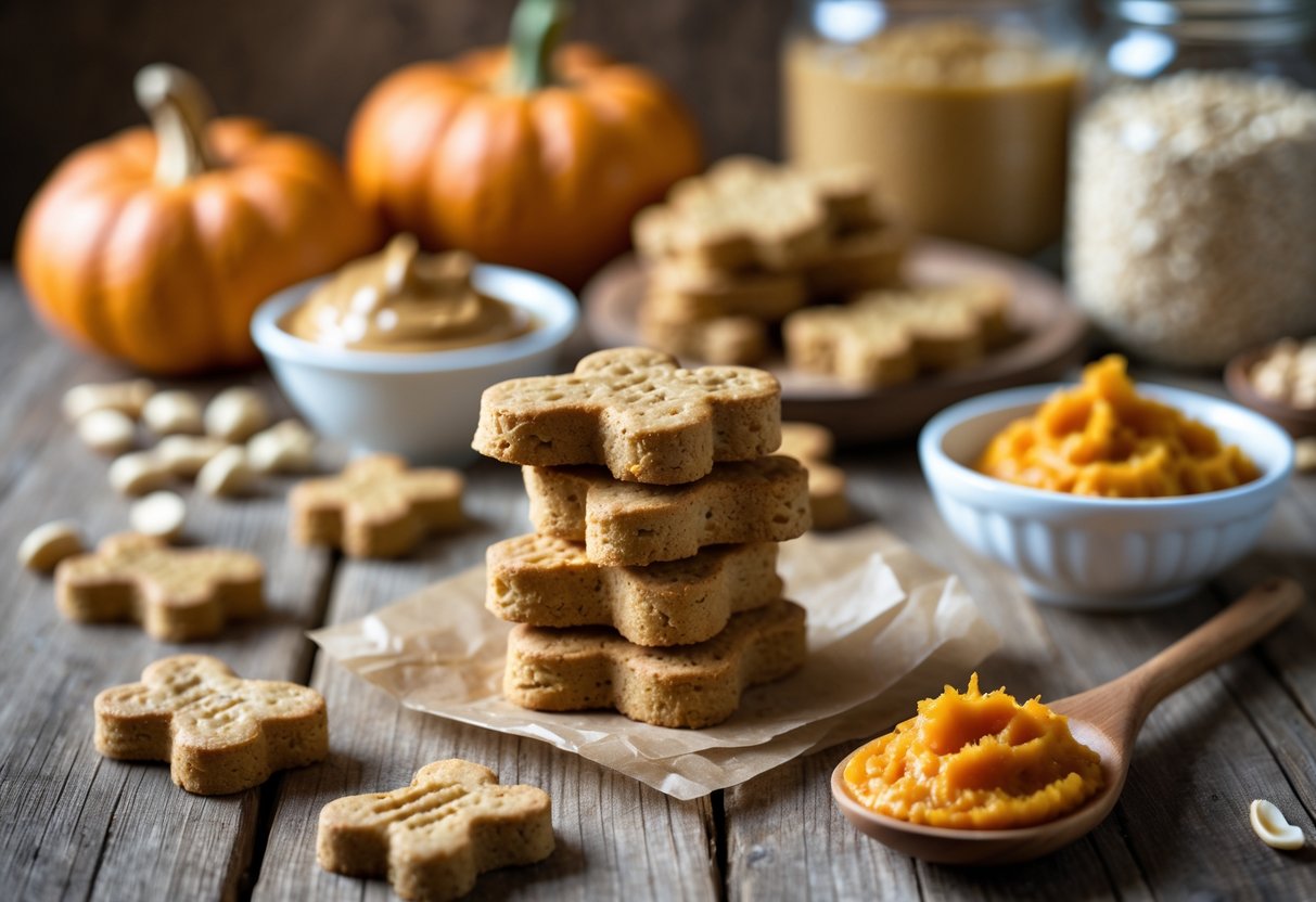 A stack of homemade peanut butter and pumpkin dog biscuits on a wooden table with bowls of peanut butter and pumpkin puree nearby.