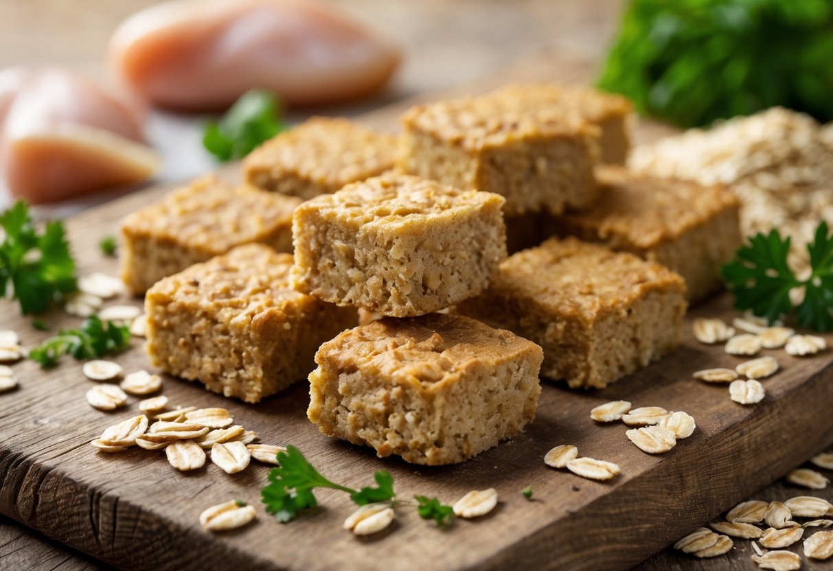 Close-up of homemade chicken and oat dog treats arranged on a wooden board with raw oats, chicken pieces, and fresh herbs around them.