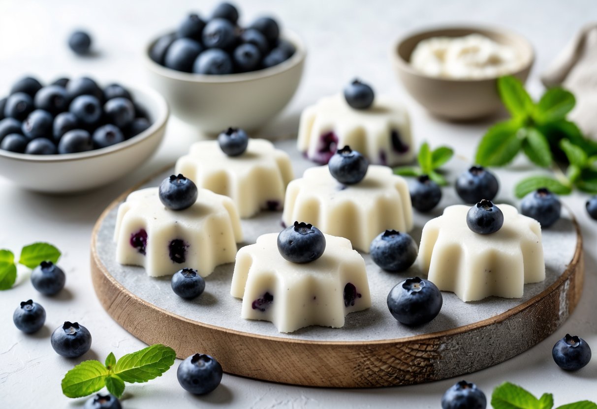 Several homemade frozen yoghurt dog treats with blueberries arranged on a wooden board with fresh blueberries around them.