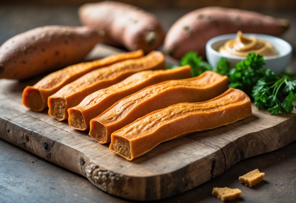 A wooden board with homemade sweet potato dog chews, whole sweet potatoes, a bowl of peanut butter, and parsley on a kitchen counter.