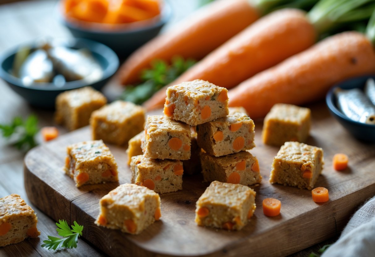 Close-up of homemade sardine and carrot dog treat bites arranged on a wooden board with fresh carrots and a bowl of sardines nearby.