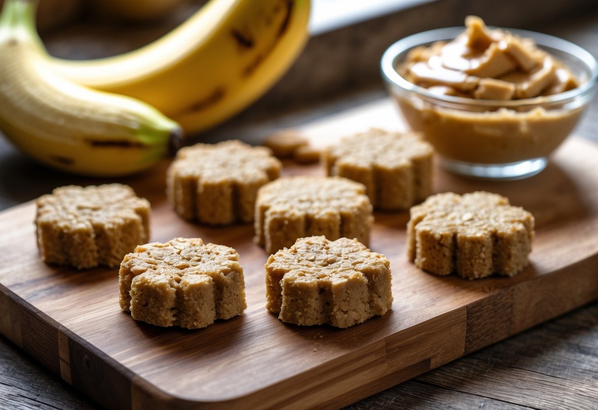 Close-up of homemade banana and peanut butter dog treats on a wooden board with a peeled banana and a bowl of peanut butter nearby.