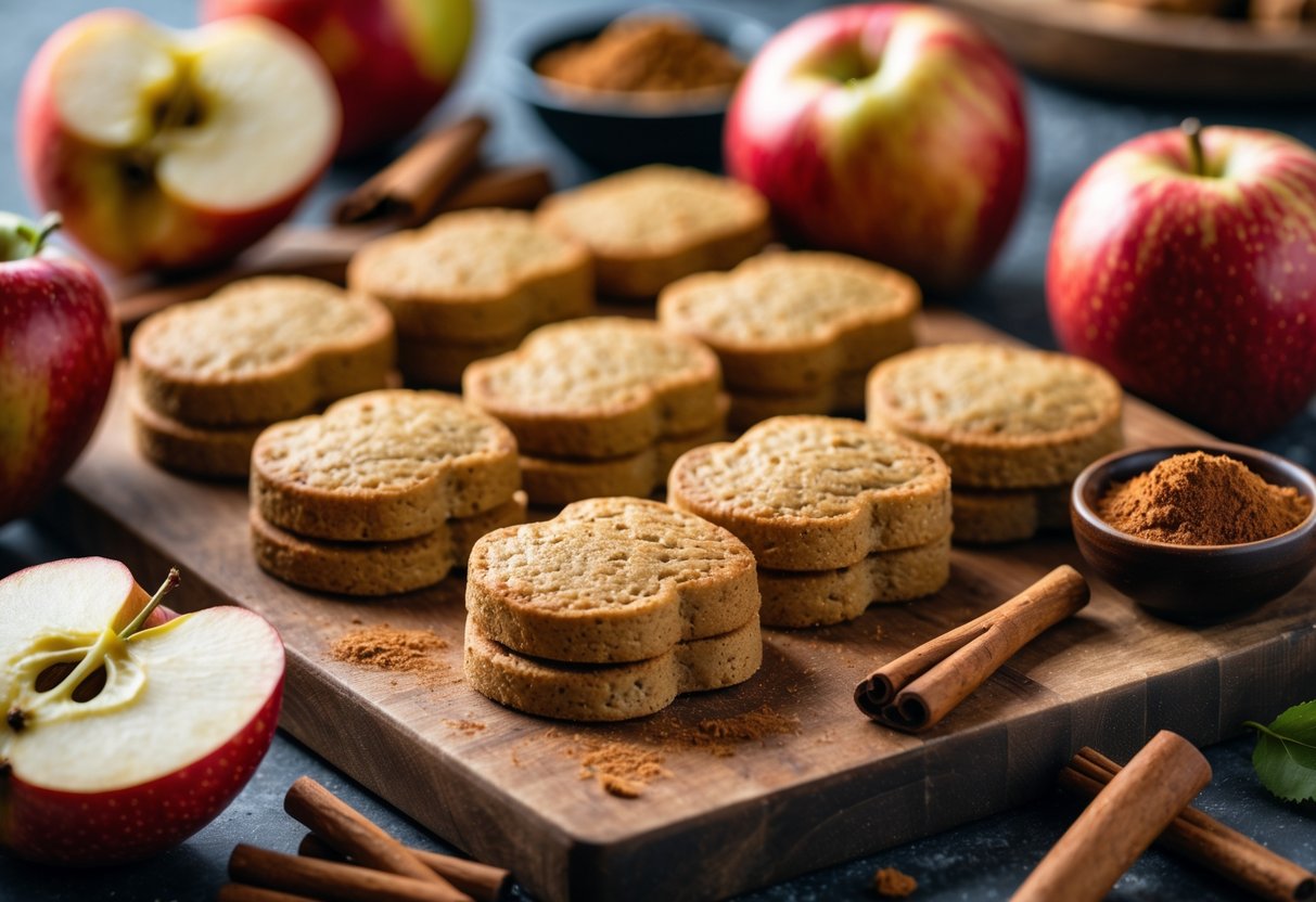 Freshly baked apple and cinnamon dog biscuits arranged on a wooden board with apples and cinnamon sticks around them.