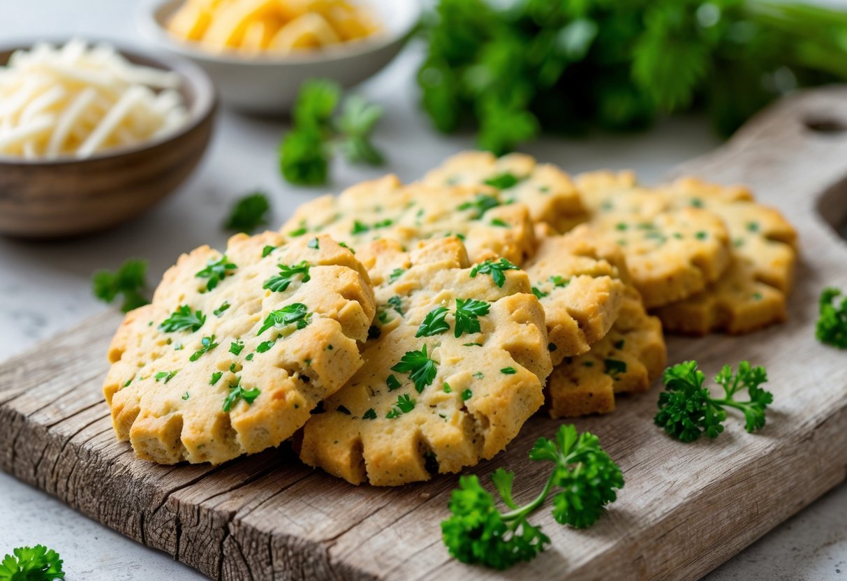 Close-up of homemade cheese and parsley dog treats on a wooden board with fresh parsley and shredded cheese nearby.