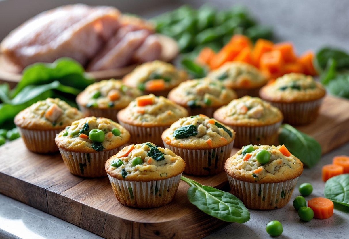 Close-up of turkey and vegetable mini muffins on a wooden board with fresh ingredients around them on a kitchen countertop.