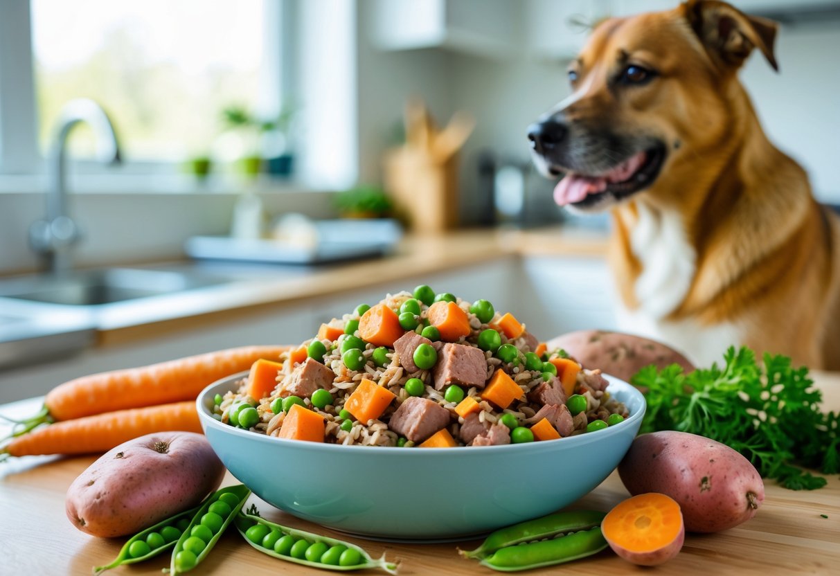 A bowl of homemade dog food with meat, rice, and vegetables on a wooden table, with a dog sitting nearby in a bright kitchen.