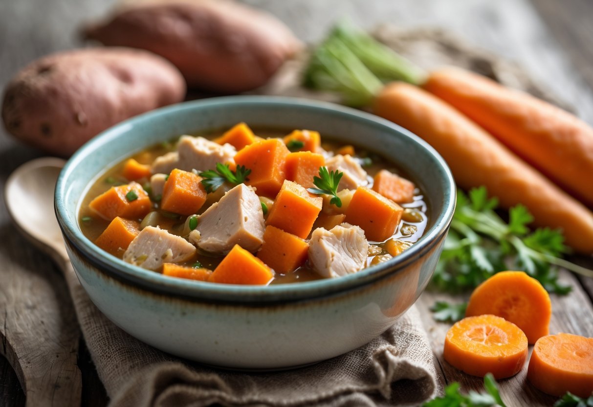 A bowl of homemade dog food stew with chicken, sweet potato, and carrots on a wooden table surrounded by fresh ingredients.