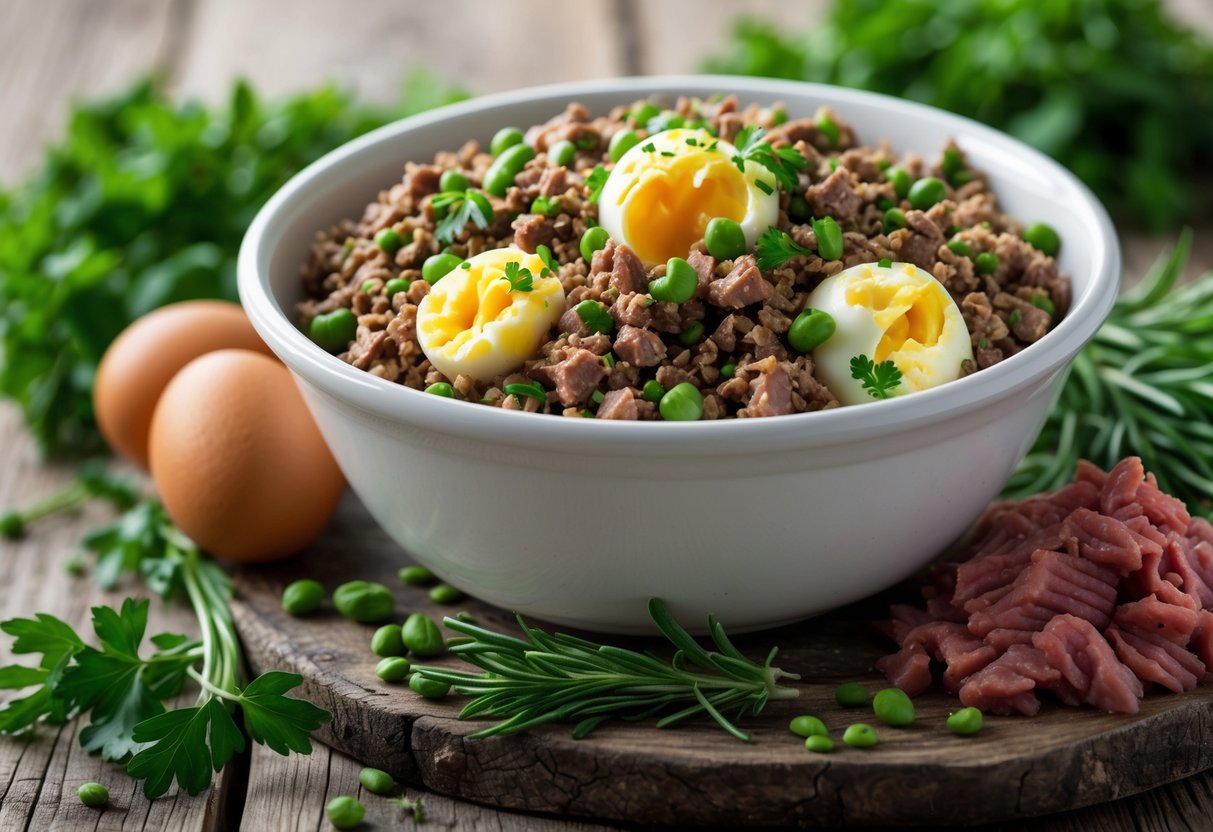 A bowl of homemade dog food with minced beef, herbs, and scrambled eggs on a wooden surface surrounded by fresh herbs and raw ingredients.