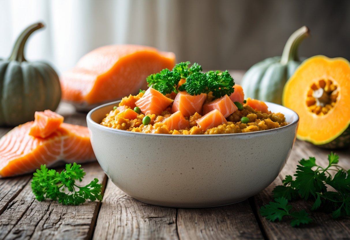 A bowl of homemade dog food with salmon and pumpkin on a wooden table surrounded by fresh ingredients.