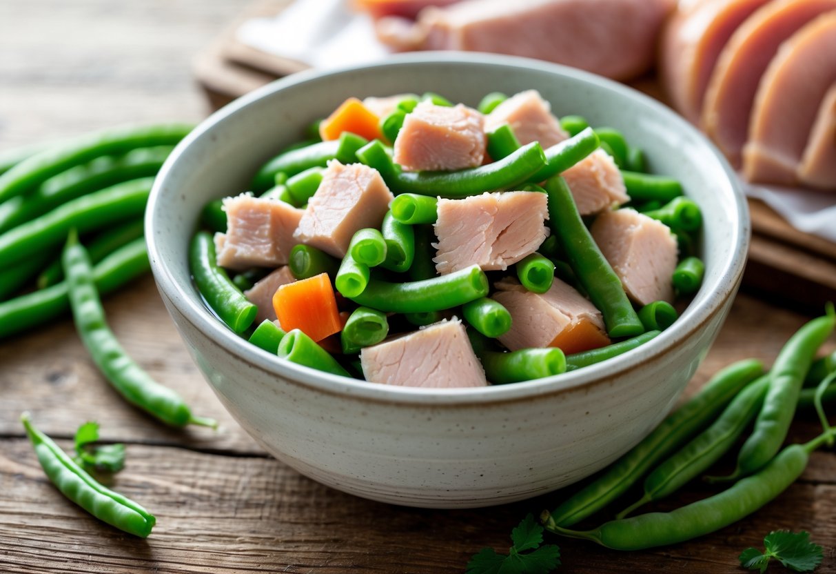 A bowl of homemade dog food with cooked turkey and green beans on a wooden surface, surrounded by fresh ingredients.