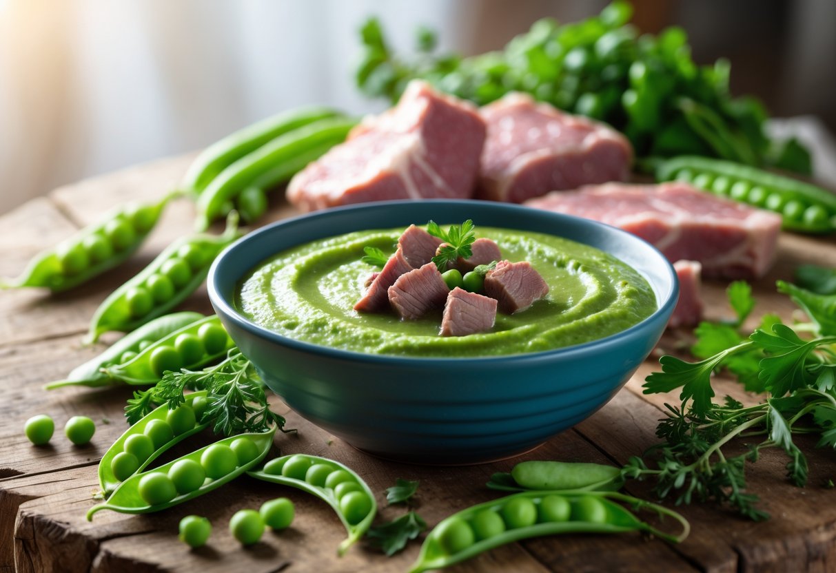 A bowl of lamb and pea purée dog food on a wooden table with fresh lamb, green peas, and herbs around it.