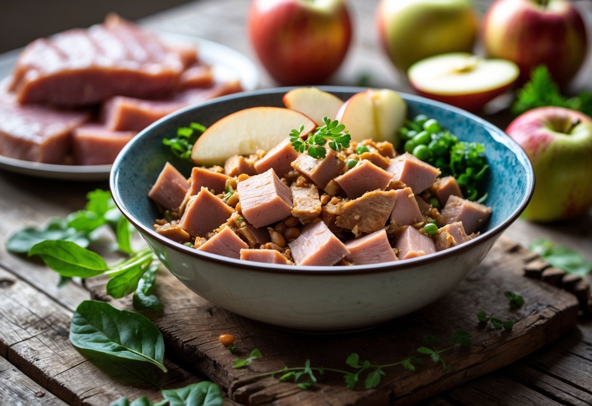 A bowl of homemade dog food with cooked duck meat and apple slices on a wooden table surrounded by fresh ingredients.