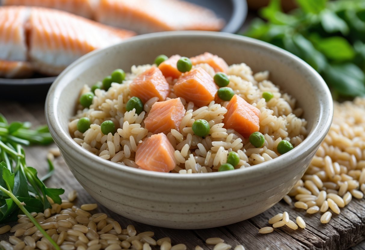 A bowl of homemade dog food with cooked fish flakes and brown rice on a wooden surface, surrounded by fresh fish and rice ingredients.