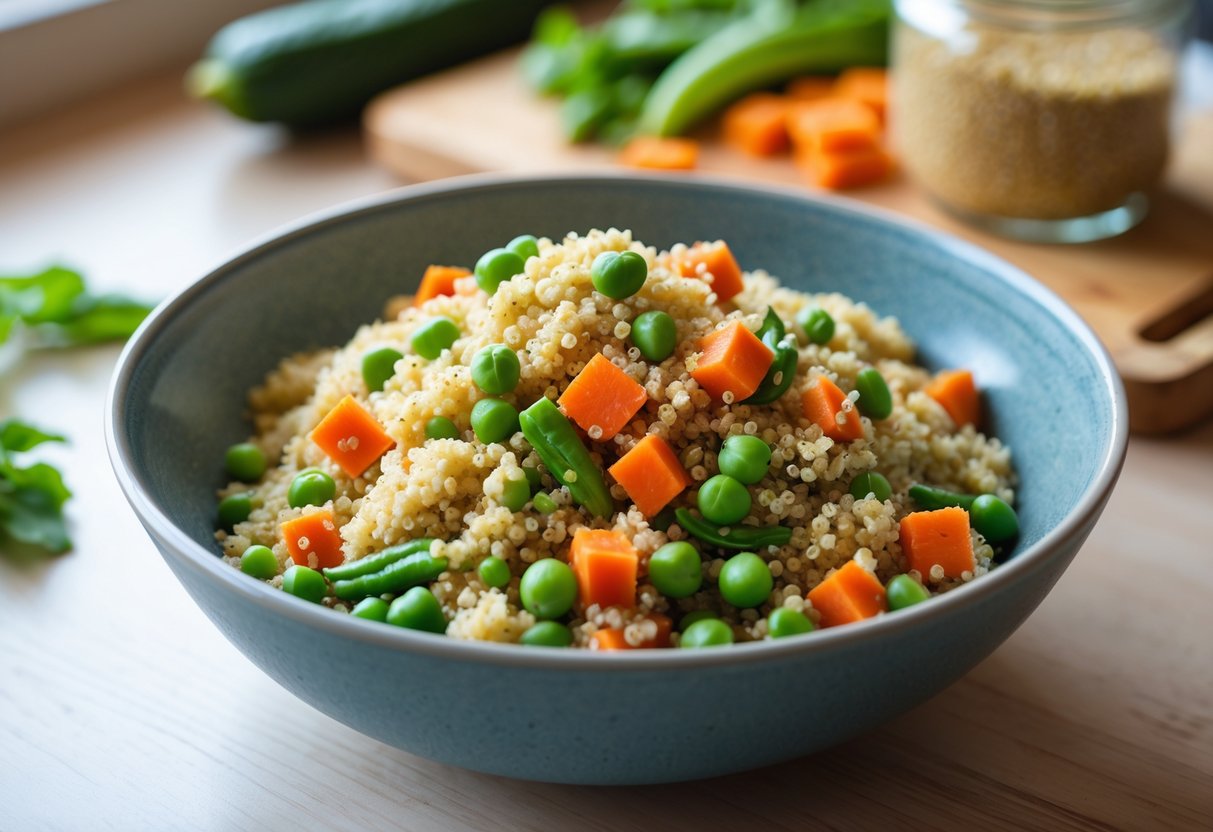 A bowl of homemade dog food with a mix of vegetables and quinoa on a wooden kitchen surface.
