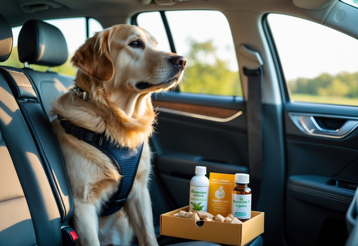 A golden retriever sitting calmly in the back seat of a car with natural dog car sickness remedies placed beside it.