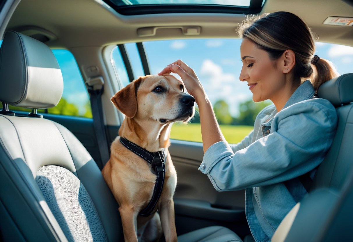 A calm dog sitting in the back seat of a car being gently petted by an adult, looking out the window during a drive.