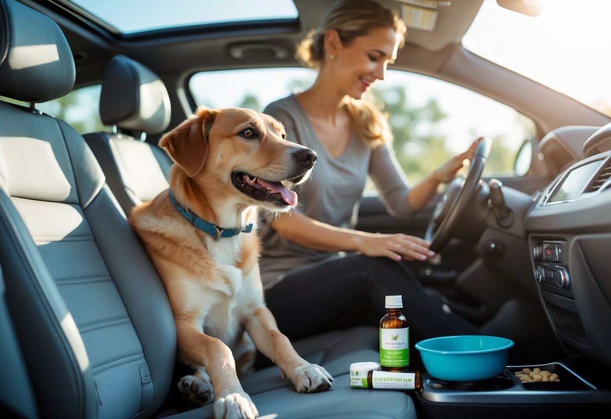 A dog sitting calmly in the back seat of a car while a person gently pets it, with natural remedies placed nearby.