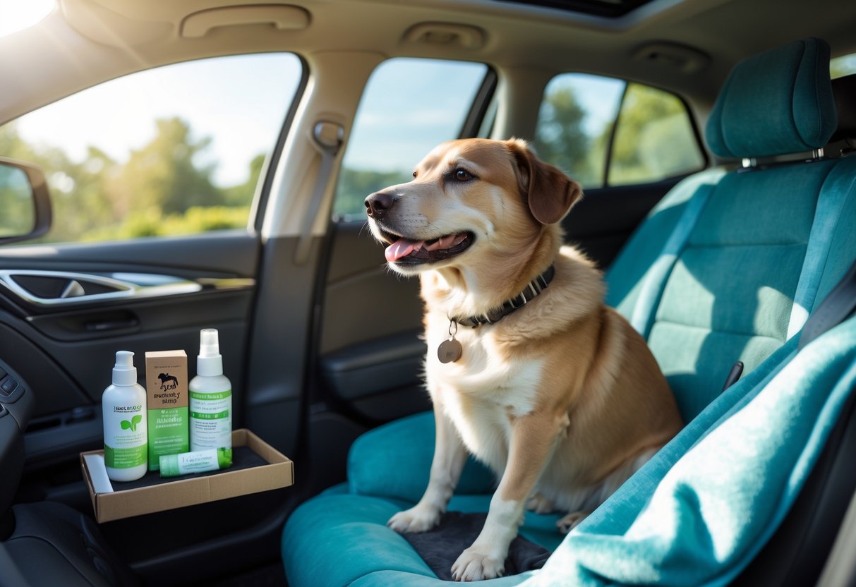A dog sitting calmly in a car seat inside a car, with natural remedies and a water bottle nearby.