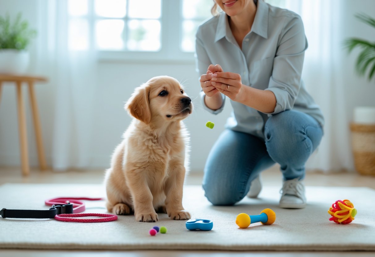 A person kneeling indoors training a focused puppy with treats and toys around.