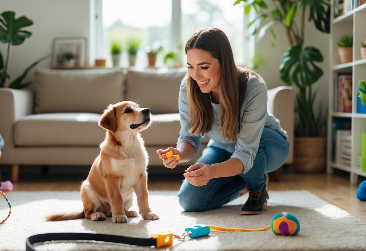 A woman kneeling on a rug training a puppy indoors with toys and training tools around them.