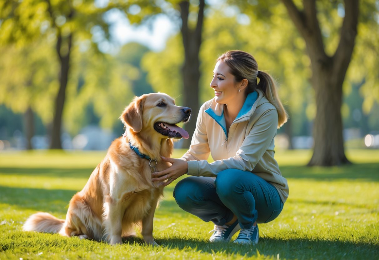 A person kneeling on grass smiling at a golden retriever dog sitting attentively in a sunlit park.