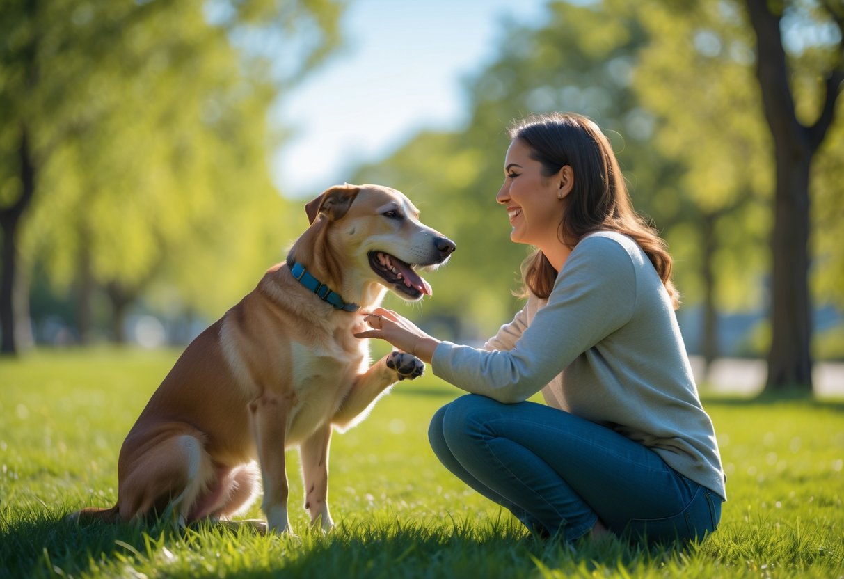 A person kneeling on grass in a park, smiling and making eye contact with a happy dog that has its paw on the person's knee.