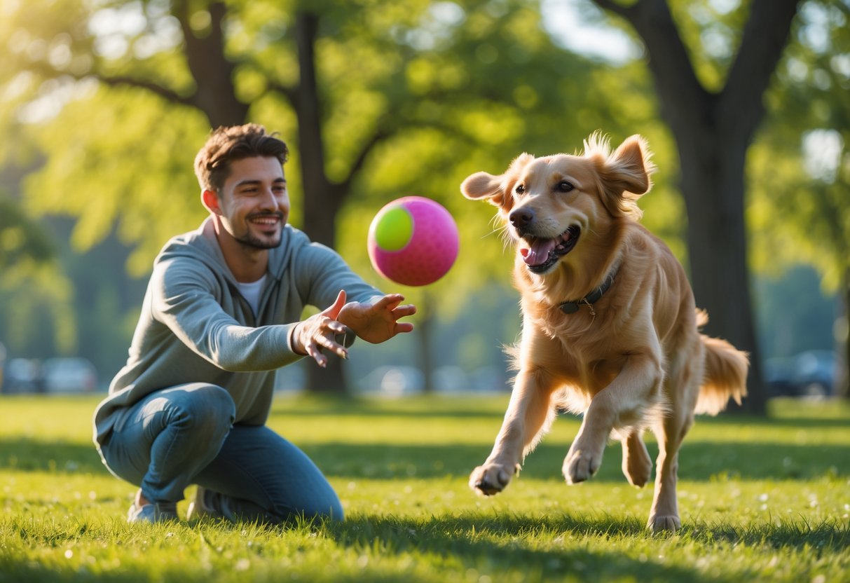 A person playing fetch with a golden retriever in a sunny park, both looking happy and engaged.