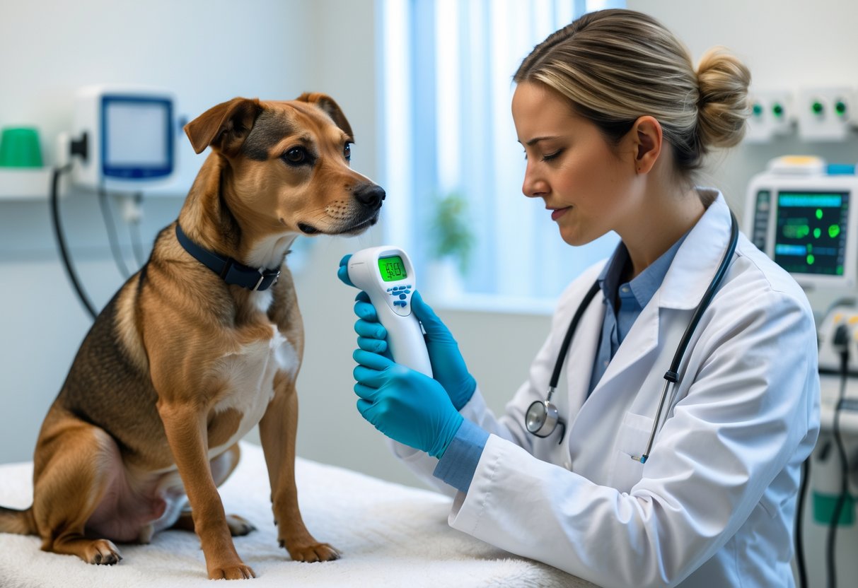 A veterinarian gently checking the temperature of a calm dog on an examination table in a veterinary clinic.