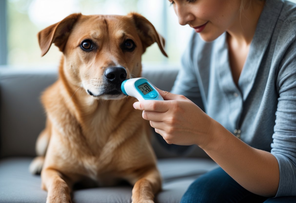 A person gently checking a medium-sized dog’s temperature with a digital thermometer indoors.