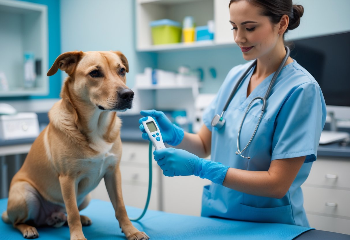 A person in medical gloves gently checking a calm dog’s temperature on a veterinary examination table.