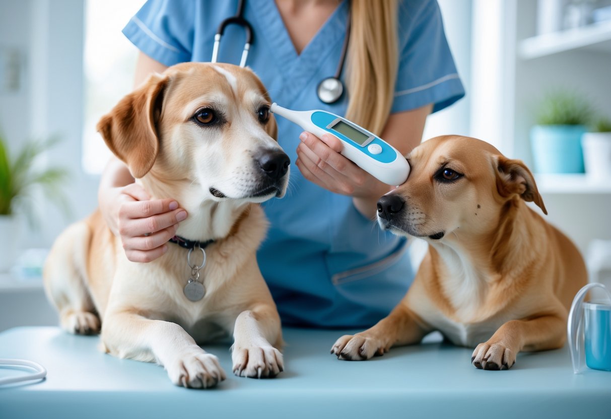 A person gently checking the temperature of a calm dog using a digital thermometer in a bright and clean indoor setting.