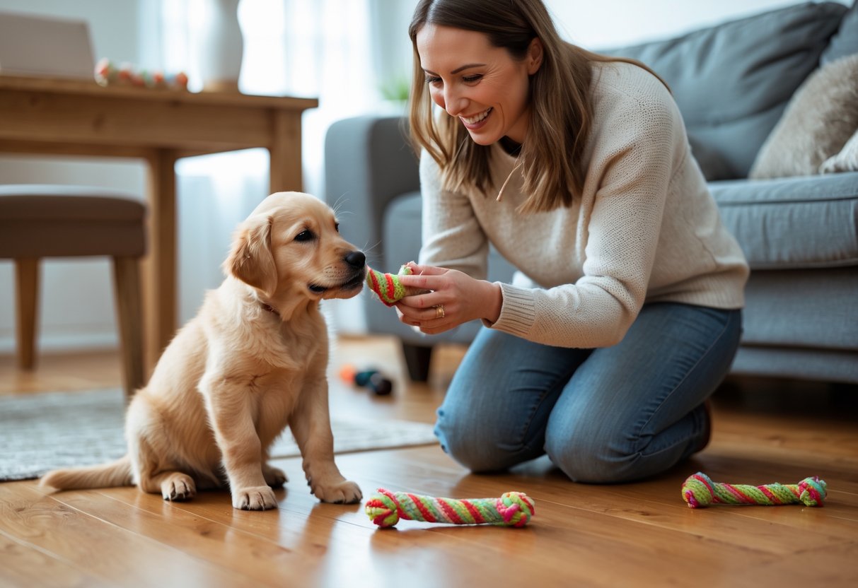 A woman offers a chew toy to a golden retriever puppy sitting calmly on a wooden floor indoors.