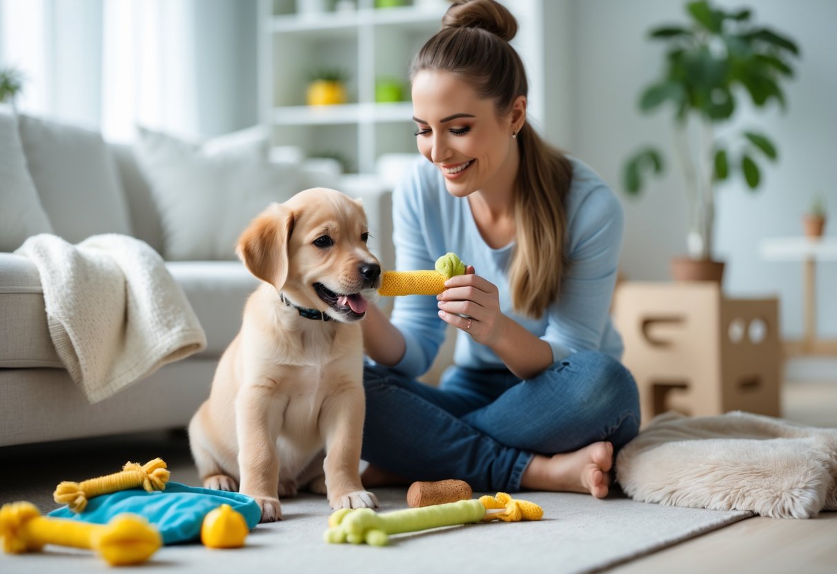 A woman offering a chew toy to a calm puppy in a bright living room with puppy training items nearby.