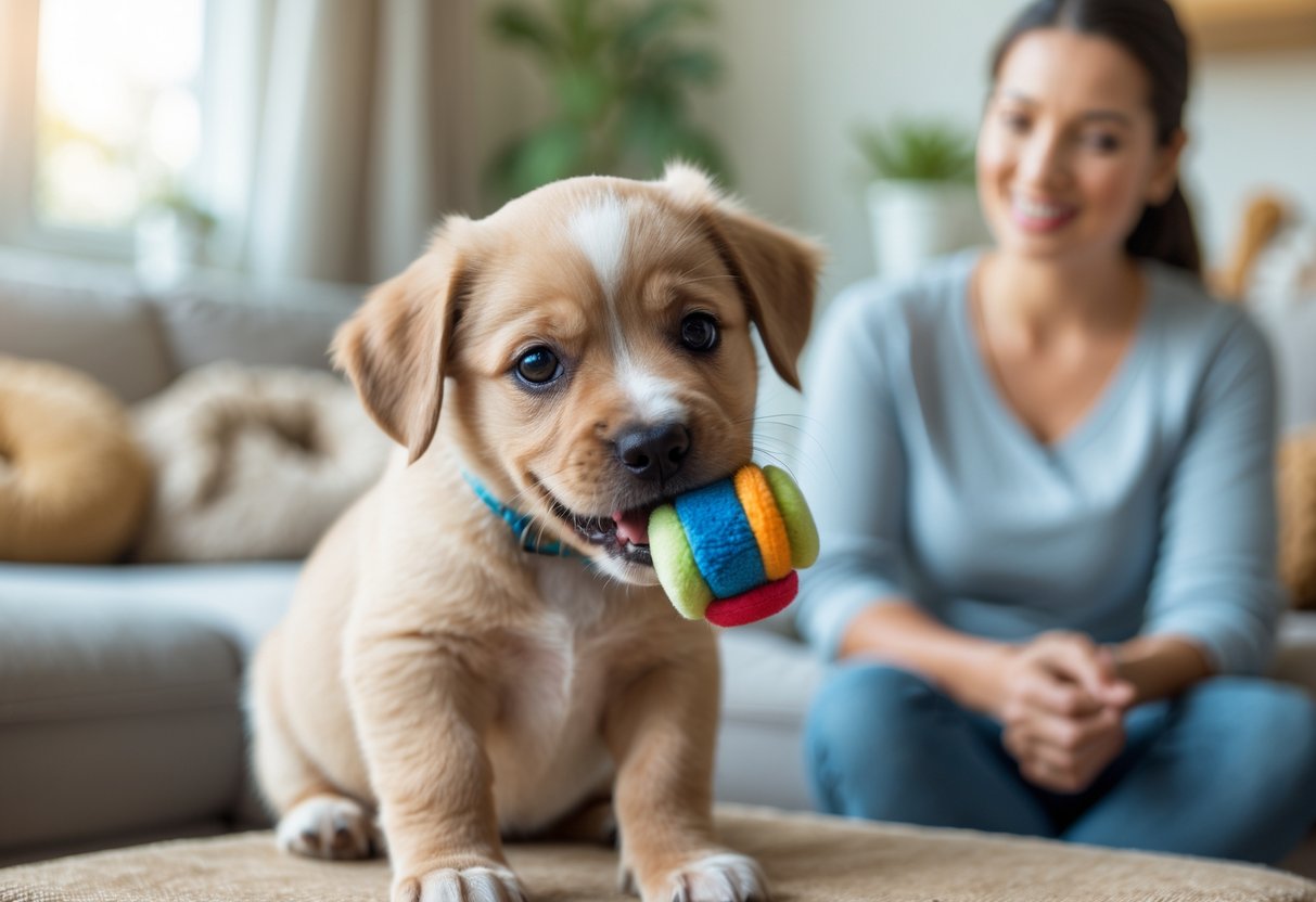 A puppy chewing on a dog toy in a living room while an adult watches nearby.