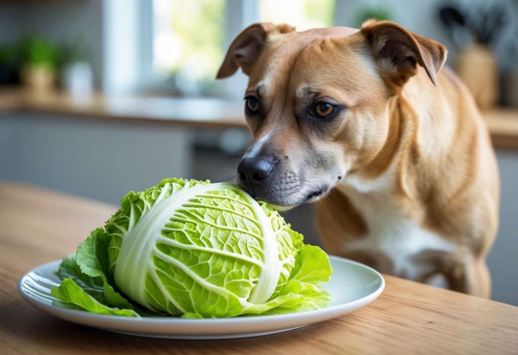 Dog sniffing cabbage