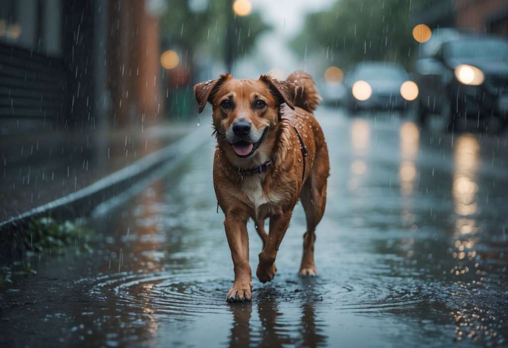 dog walking in rain