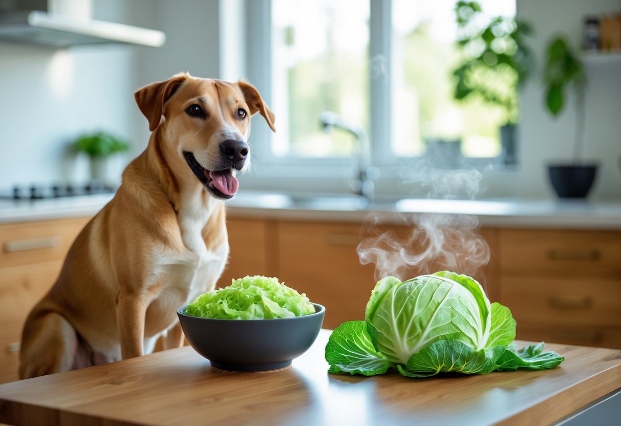 A dog sitting next to a bowl of cooked cabbage on a kitchen table.