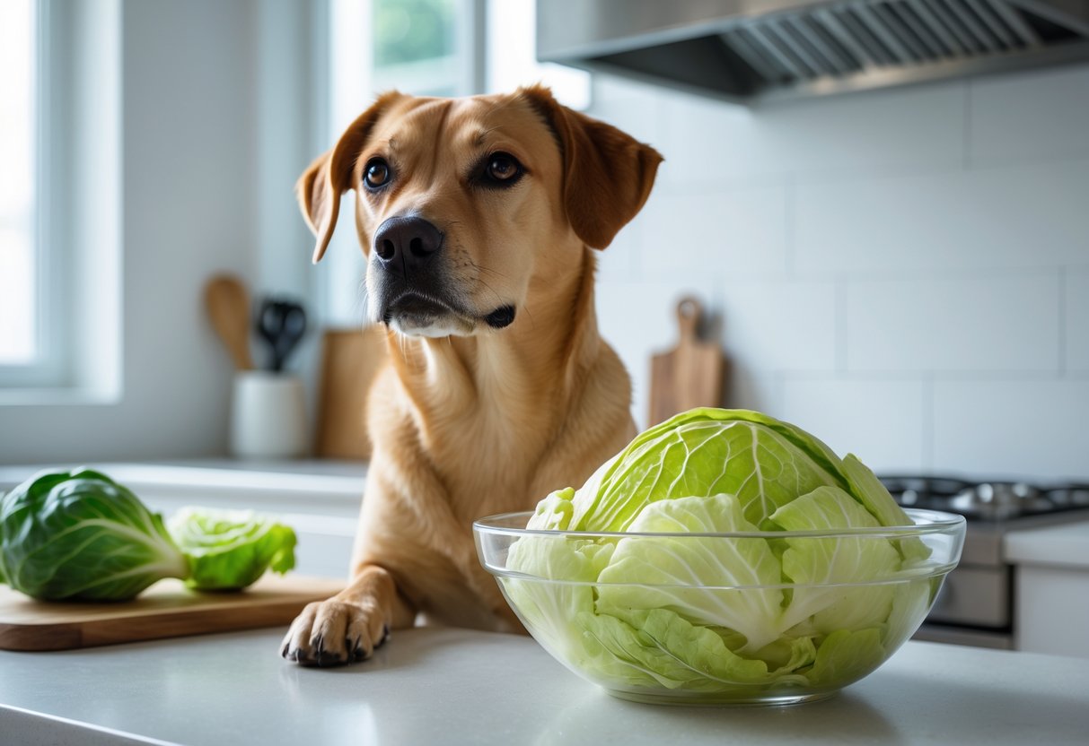 A dog sitting next to a kitchen countertop with a bowl of cooked cabbage on it.