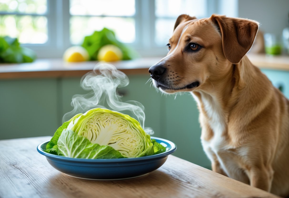 A dog sitting next to a bowl of cooked cabbage on a wooden table in a bright kitchen.
