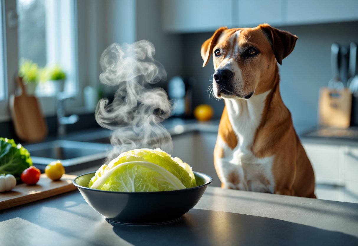 A dog sitting next to a kitchen counter with a bowl of cooked cabbage on it.